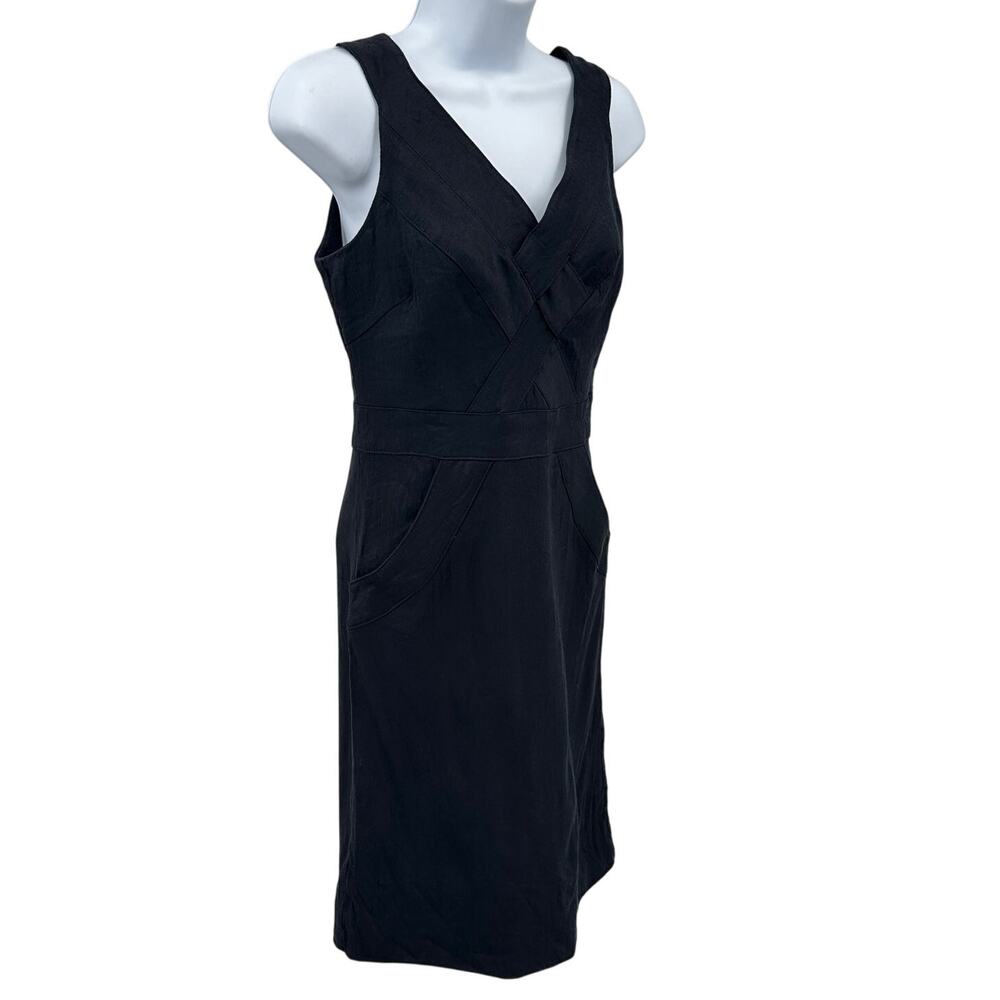 Milly Sheath Dress Size 4 Navy Linen Blend V-Neck Lined Sleeveless Cocktail